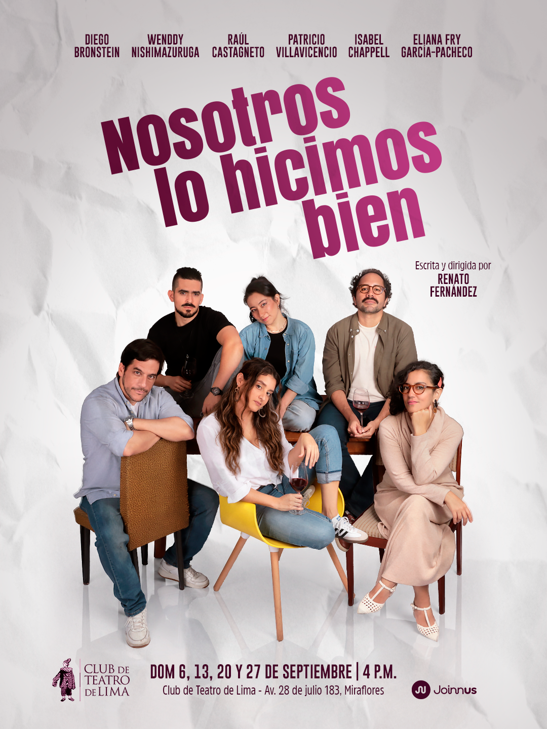 La obra Nosotros lo hicimos bien apuesta por un horario poco común en la cartelera limeña para un público adulto: domingos a las 4 pm, una franja distinta ideal para la tarde dominical.